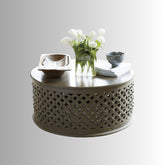 Bristol Hand Carved Indian Solid Wood Round Coffee Table With Jali (Grey)